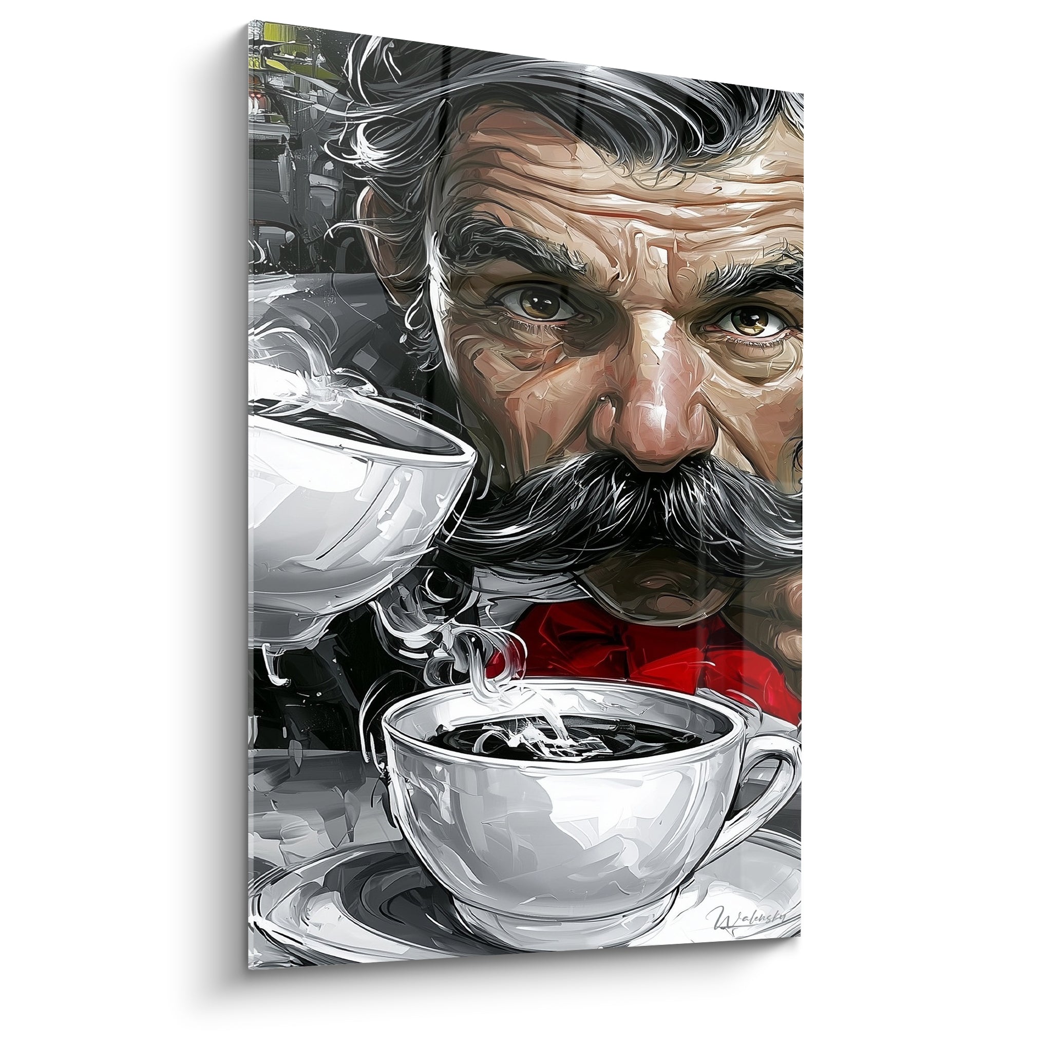 Homme moustachu au regard perçant, veste rouge, tasses blanches fumantes, tableau café anthracite