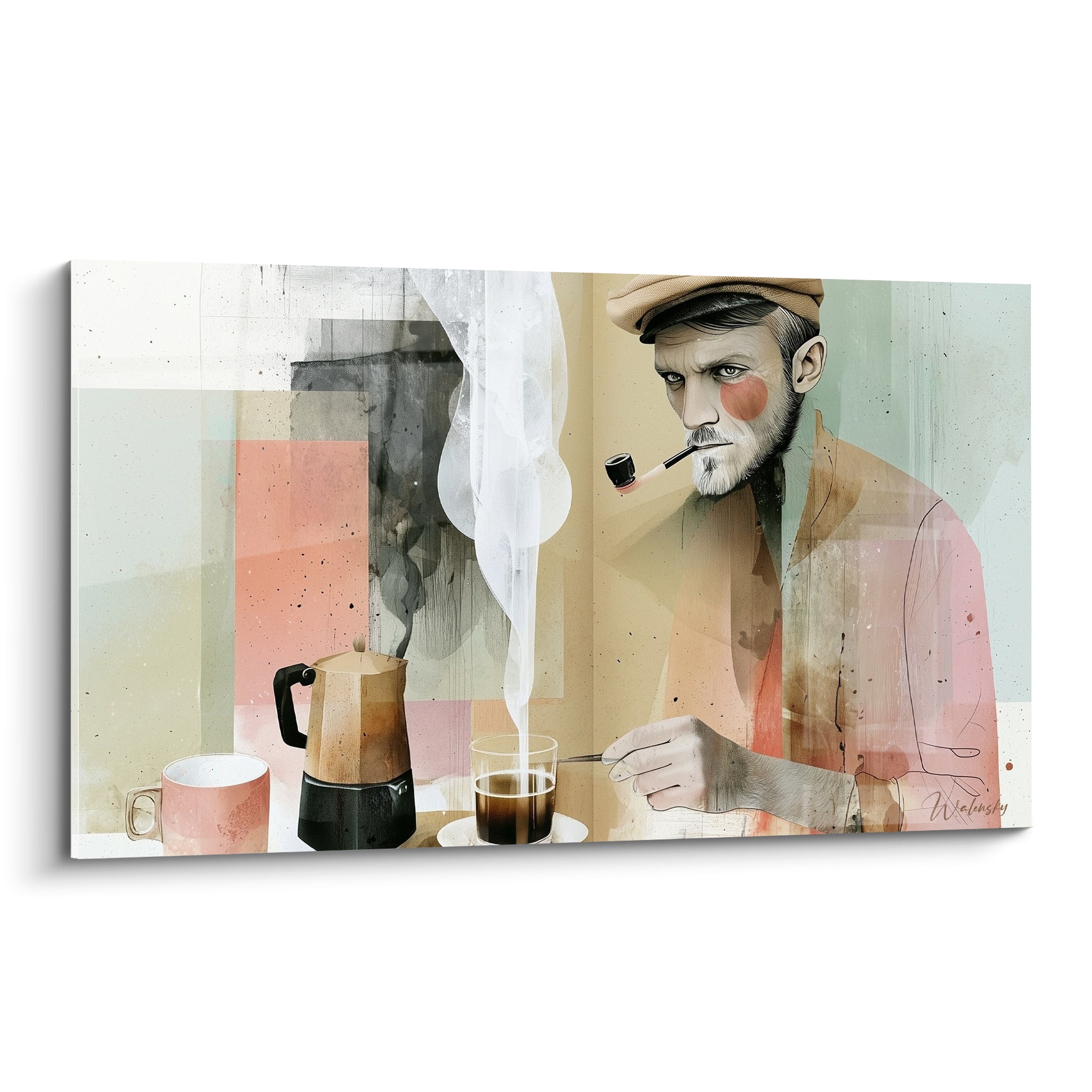 Homme à la casquette beige fumant la pipe, cafetière noire et tasse rose, style esquissé