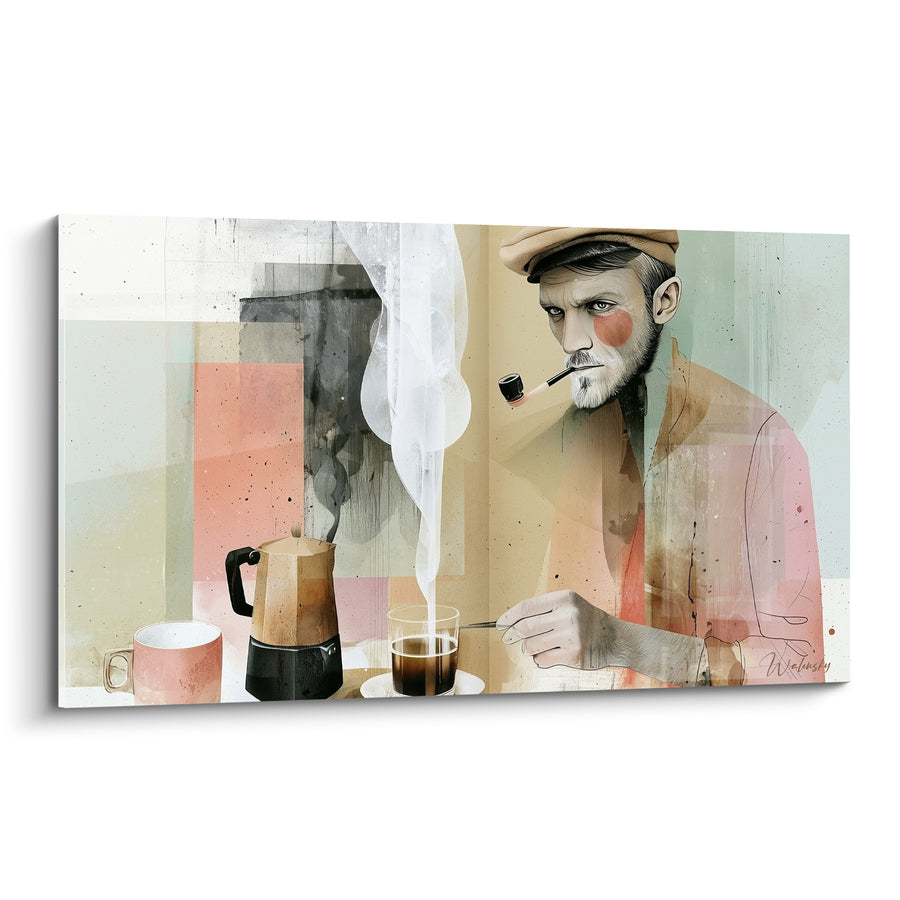 Gemälde Goldene und Schwarze Italienische Kaffeemaschine mit Rauchglas - Mann mit Mütze und Pfeife - Café Edition