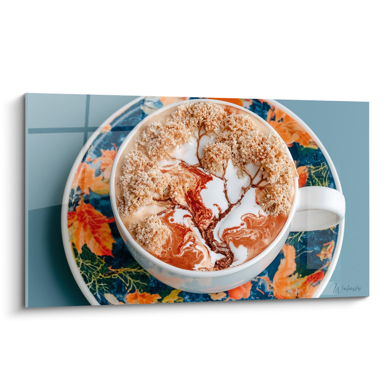 Tableau Tasse blanche aux motifs feuilles automnales - Pause gourmande automnale - Edition Café