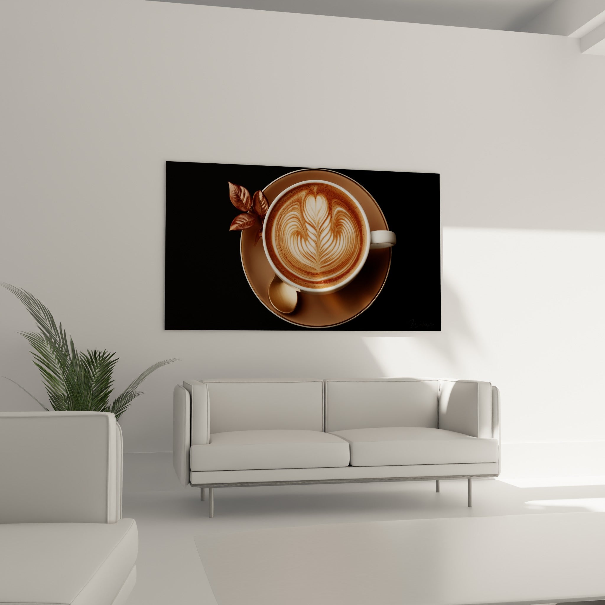 Latte art brun et crème sur fond noir profond, disposé au-dessus d'un canapé dans un salon lumineux