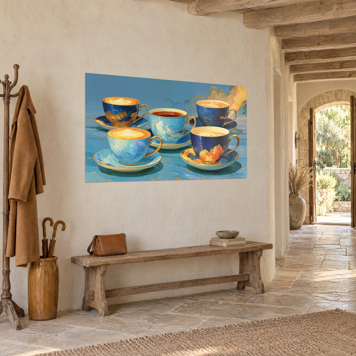 Wall art turquoise and navy porcelain cups with gold handles, creamy orange foam, on the wall of a stone entryway