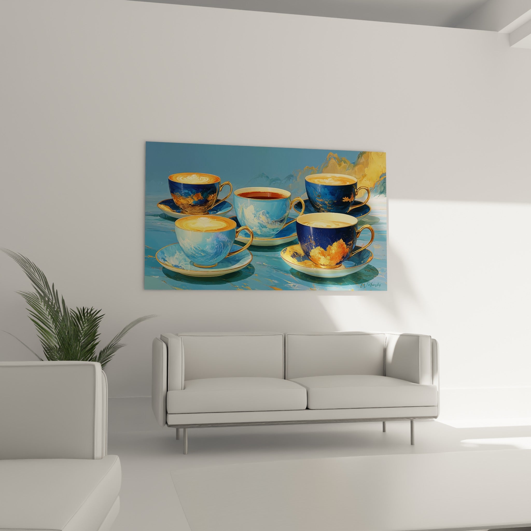 Porcelaine ocre et turquoise du tableau café au-dessus d'un canapé dans un salon lumineux