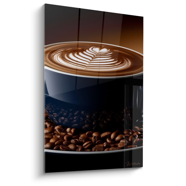 Black Cup with Feather Latte Art Overlapping Grains Painting - Dark Countertop Reflection - Coffee Edition