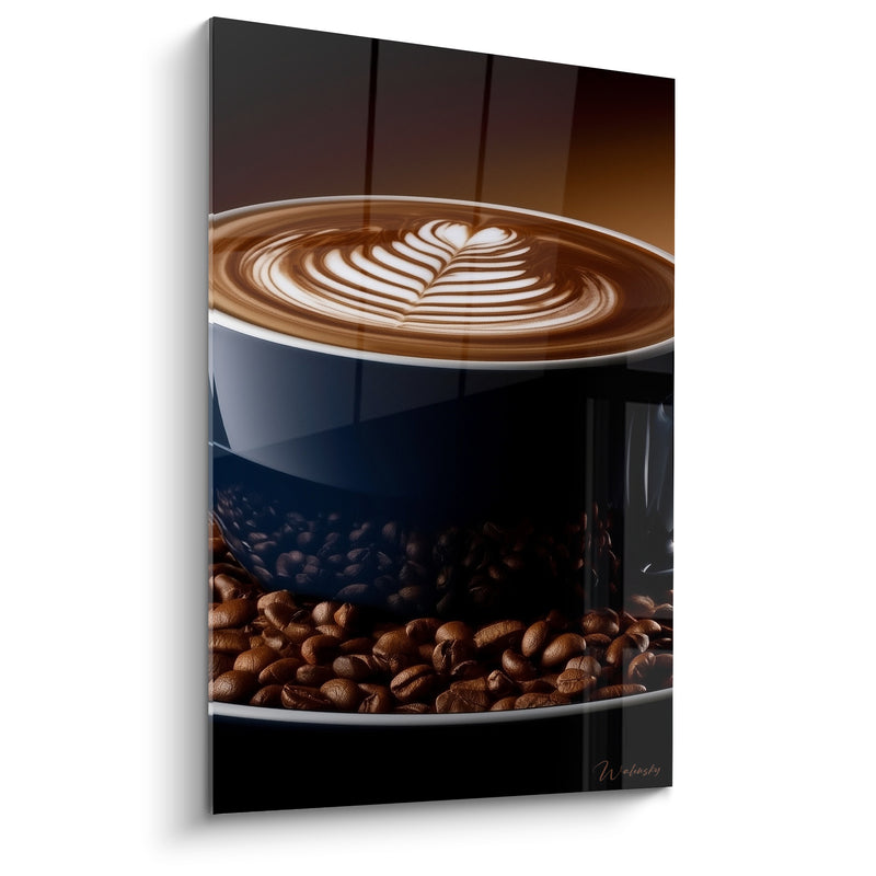 Tableau Tasse noire au latte art plume superposée aux grains - Reflet du comptoir sombre - Edition Café