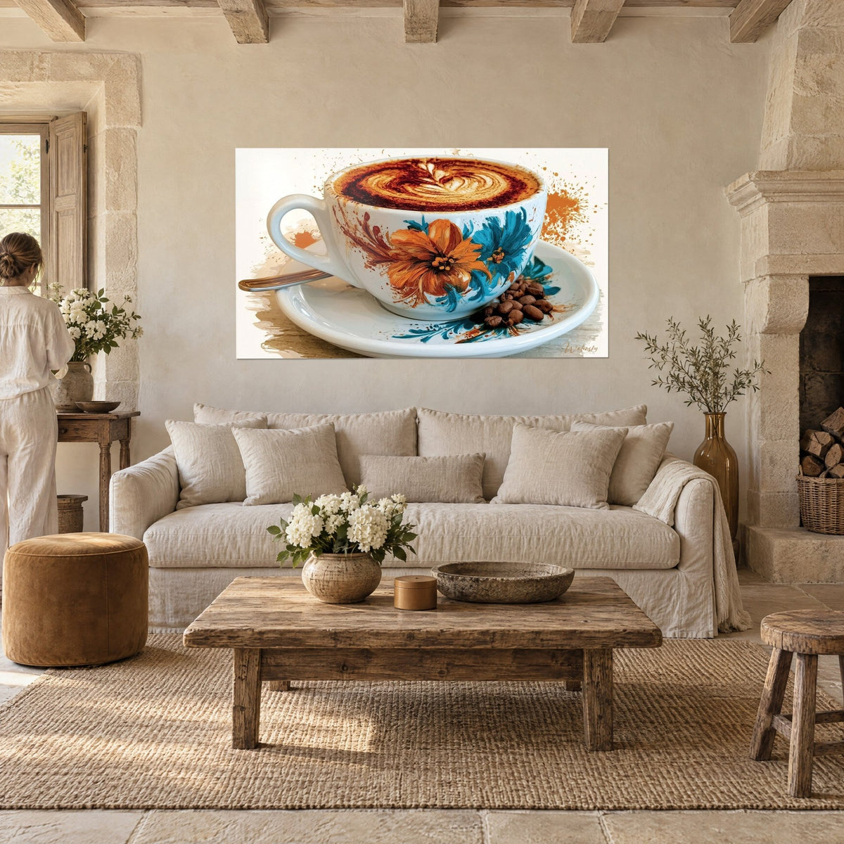 Tableau tasse de cappuccino blanche ornée de fleurs orange et turquoise, cuillère dorée, au-dessus d'un canapé dans un salon lumineux