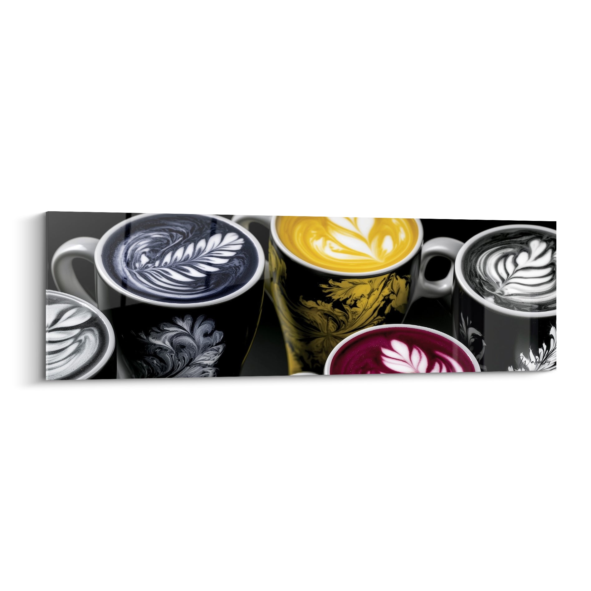 Cinq tasses de café aux motifs en feuille, tons noir, jaune moutarde et bordeaux entremêlés