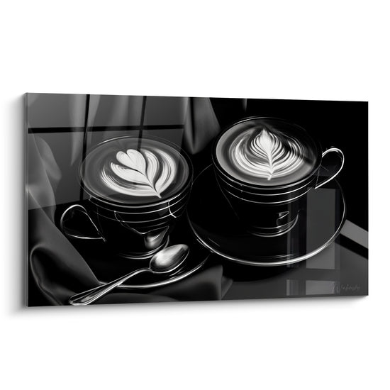 Café latte art en cœur et feuille, tasses anthracite et blanc sur fond satiné noir