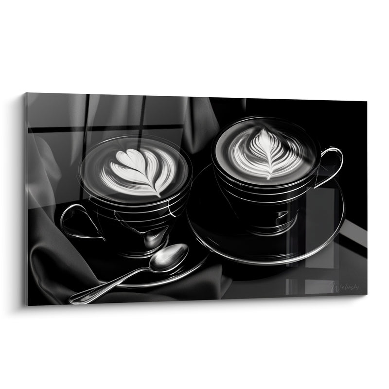 Tableau Deux tasses noires aux motifs blancs - Pause raffinée - Edition Café