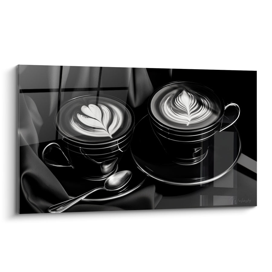 Tableau Deux tasses noires aux motifs blancs - Pause raffinée - Edition Café