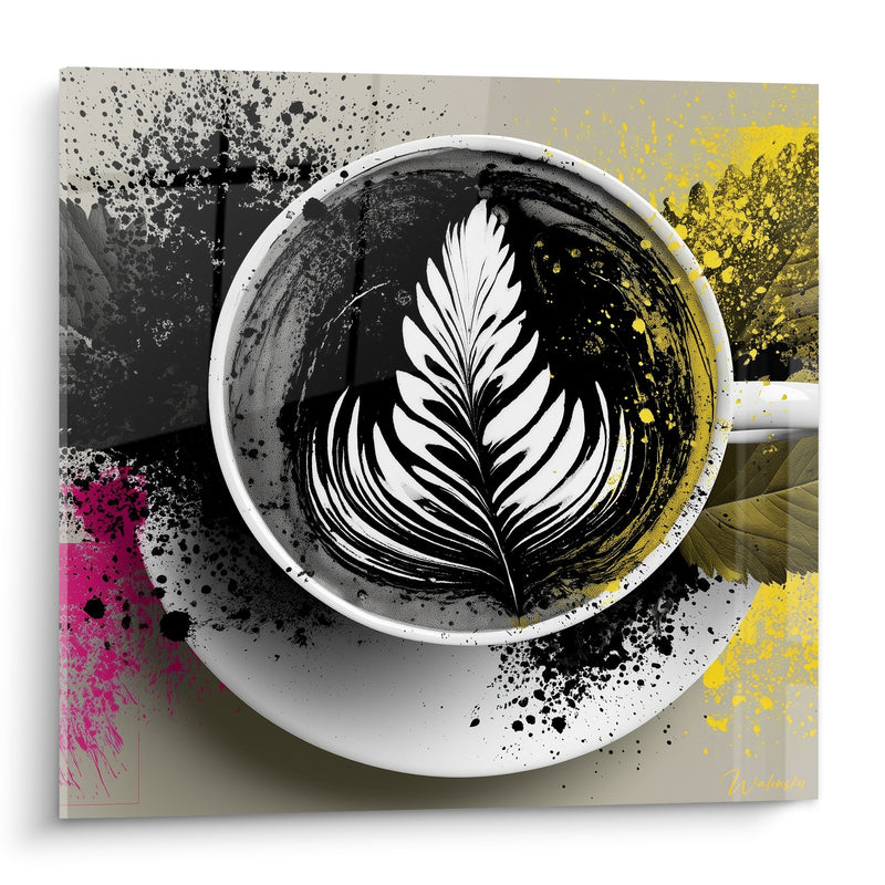 Tableau Tasse au latte art plume noire et blanche - Éclaboussures jaunes et roses - Edition Café