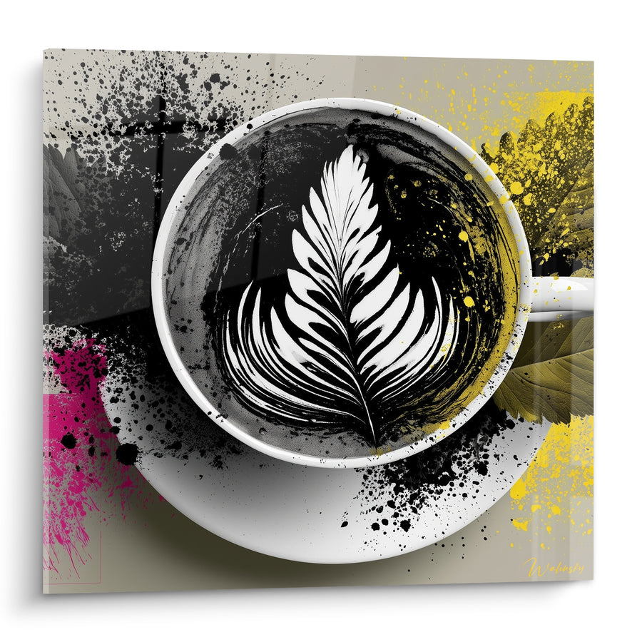 Tableau Tasse au latte art plume noire et blanche - Éclaboussures jaunes et roses - Edition Café