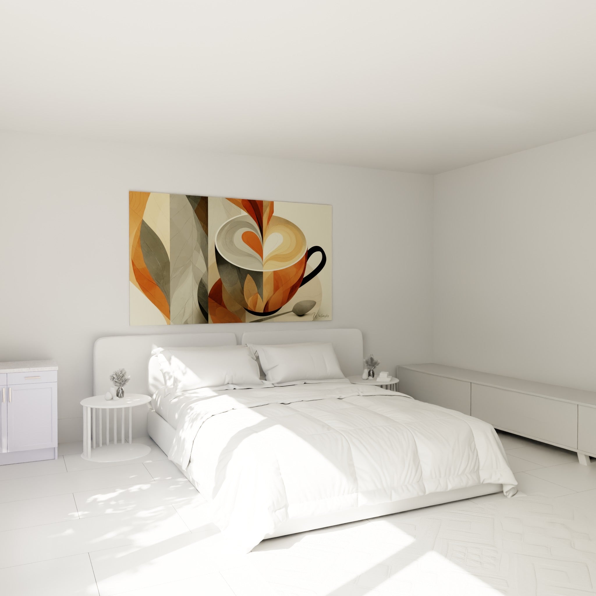 Cœur dessiné dans la mousse d'un café ocre et anthracite, au-dessus d'un lit dans une chambre claire