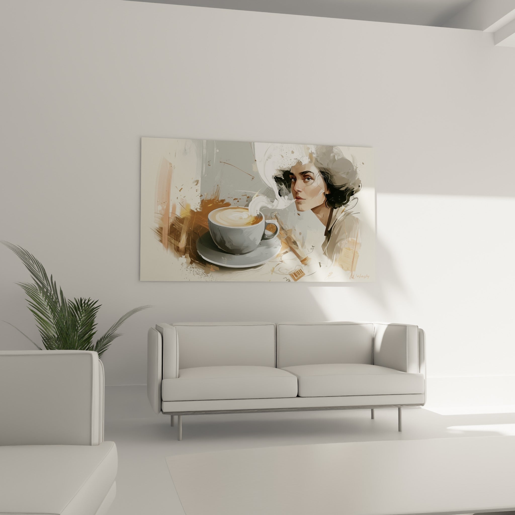 Visage pensif et cappuccino aux tons beige et anthracite au-dessus d'un canapé dans un salon lumineux