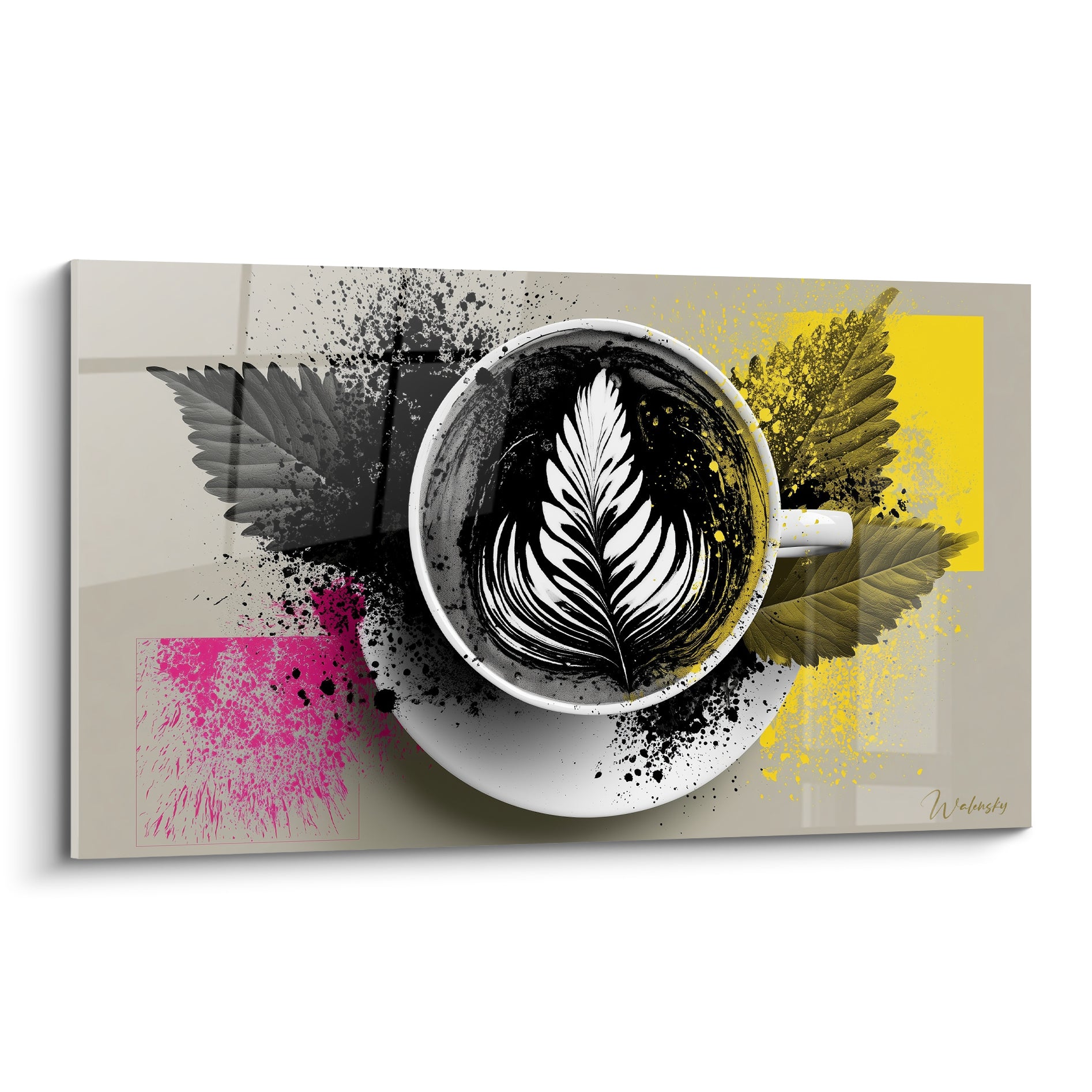 Tasse blanche latte art feuille noire et blanche entourée d'éclaboussures roses et jaunes