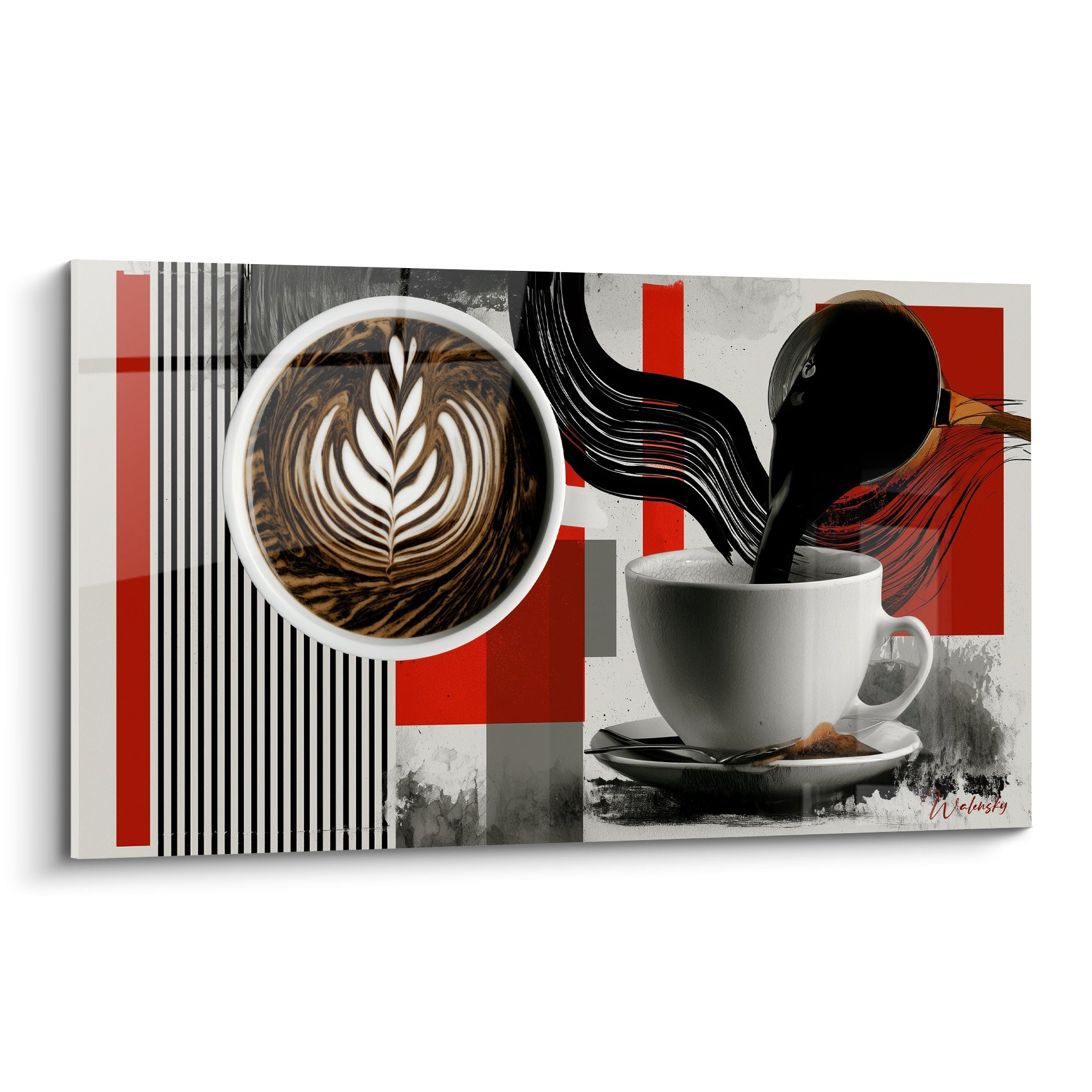 Tasse blanche recevant un versement noir, latte art brun et fond rouge anthracite graphique