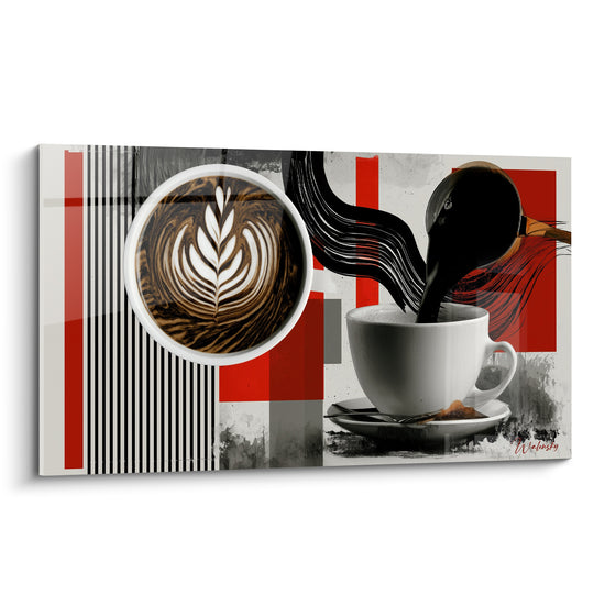 Tasse blanche recevant un versement noir, latte art brun et fond rouge anthracite graphique