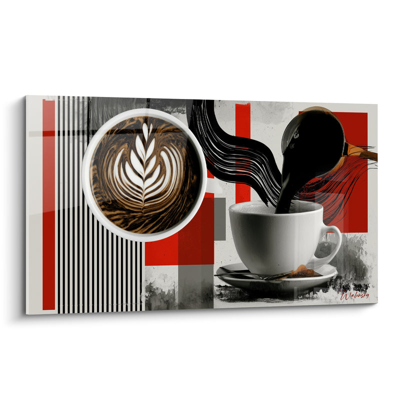 Tableau Tasse blanche et noire au latte art rosace - Rayures verticales et versement fumant - Edition Café