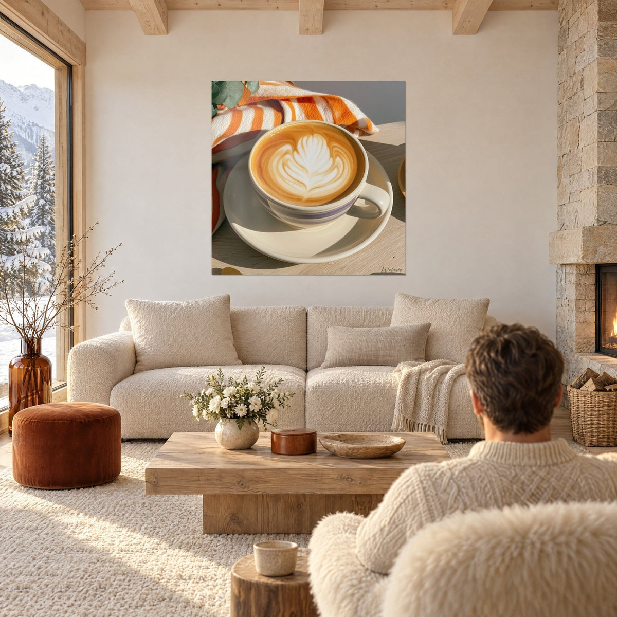 Tableau cappuccino à la rosette de mousse blanche, tasse crème et serviette orange, au-dessus d'un canapé dans un salon lumineux