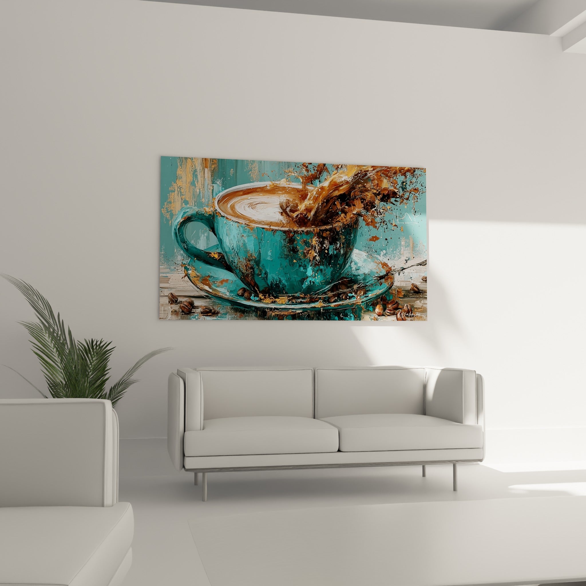 Liquide ambré jaillissant d'une tasse bleu turquoise, accroché au-dessus d'un canapé dans un salon lumineux