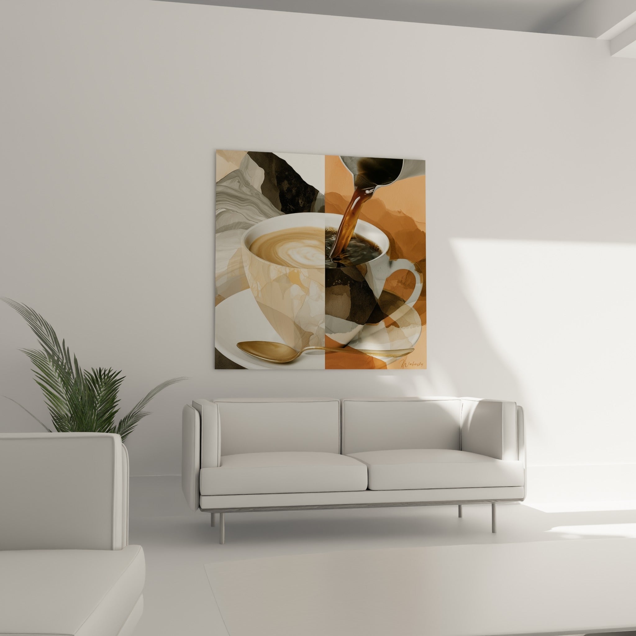 Versoir noir déversant du café dans une tasse blanche, entouré de teintes beige et terracotta, au-dessus d'un canapé dans un salon lumineux