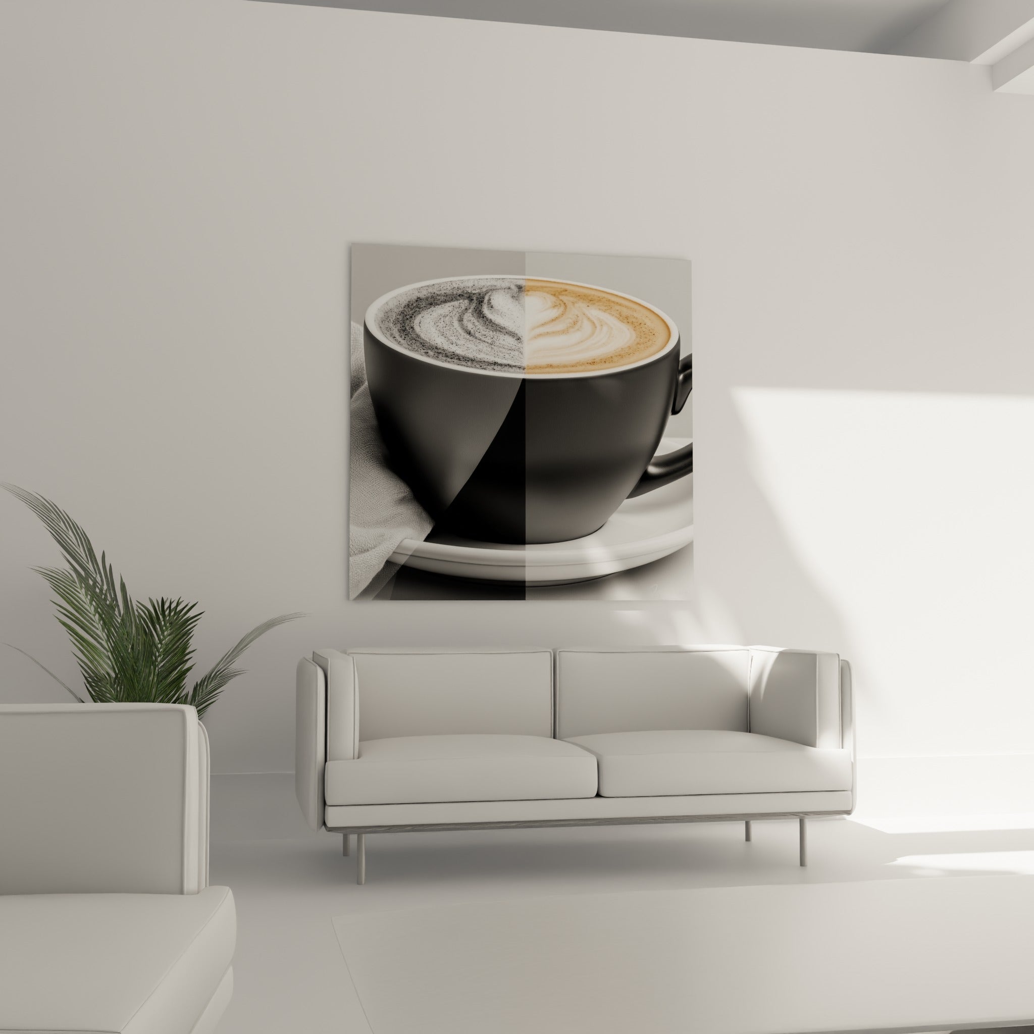 Latte art anthracite et doré sur tasse noire mate, au-dessus d'un canapé dans un salon lumineux