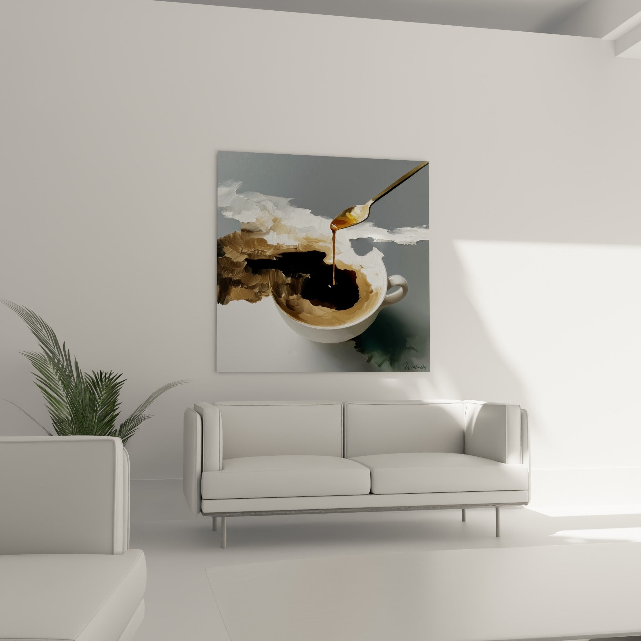 Miel doré s'écoulant sur fond de café noir et blanc crème, au-dessus d'un canapé dans un salon lumineux
