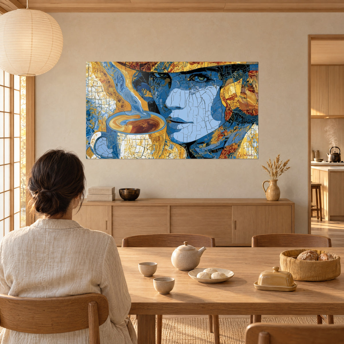 Wall art woman in blue mosaic with amber reflections, bluish steam from the cup, viewed by a woman from behind, Japandi dining room