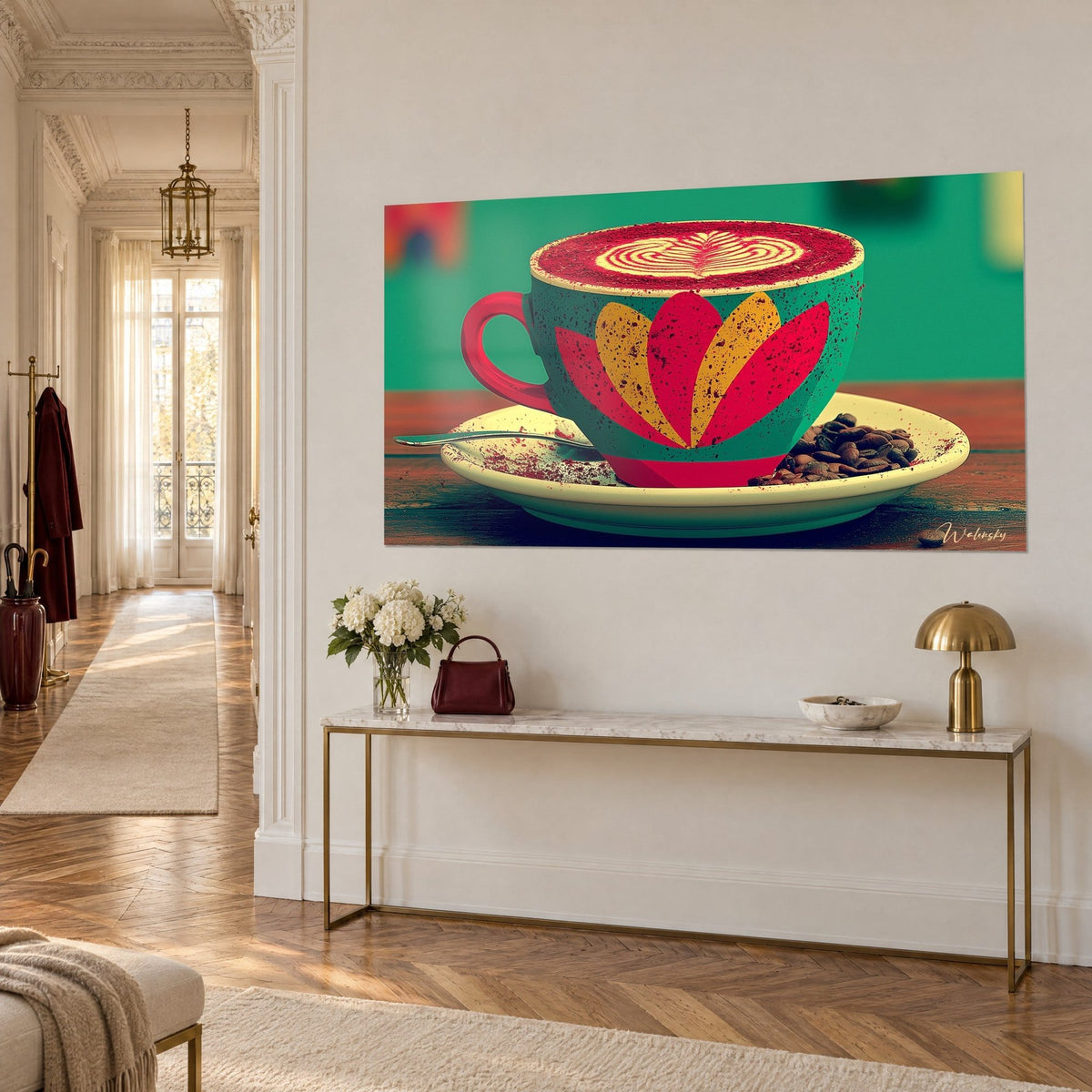 Gemälde dampfender Cappuccino auf cremefarbener Untertasse, leuchtend rote Blütenblätter auf smaragdgrünem Hintergrund, über einer goldenen Konsole im Haussmann-Stil