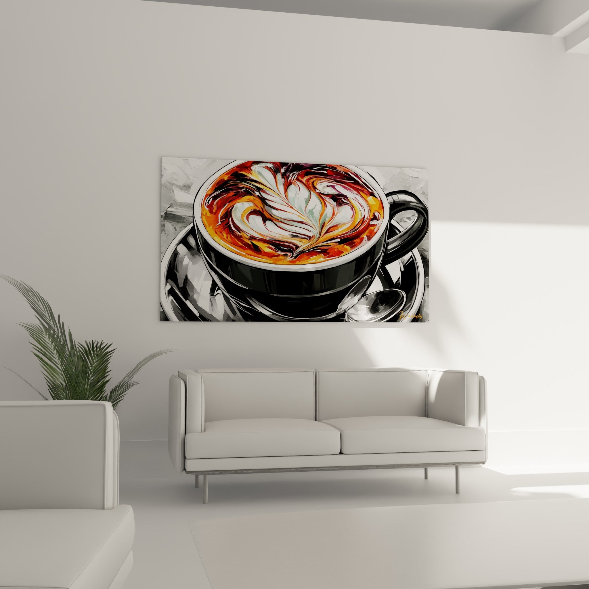 Mousse blanche et orangée d'un tableau café suspendue au-dessus d'un canapé dans un salon lumineux