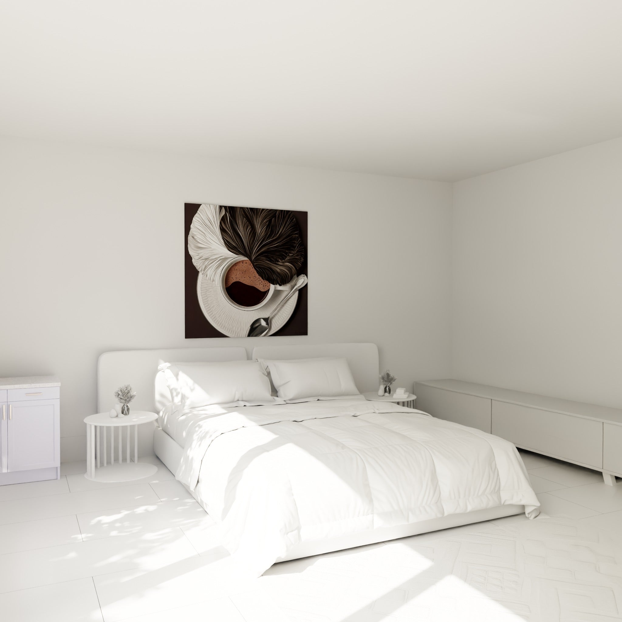 Volutes graphiques noires et blanches autour d'une tasse fumante au-dessus d'un lit dans une chambre claire