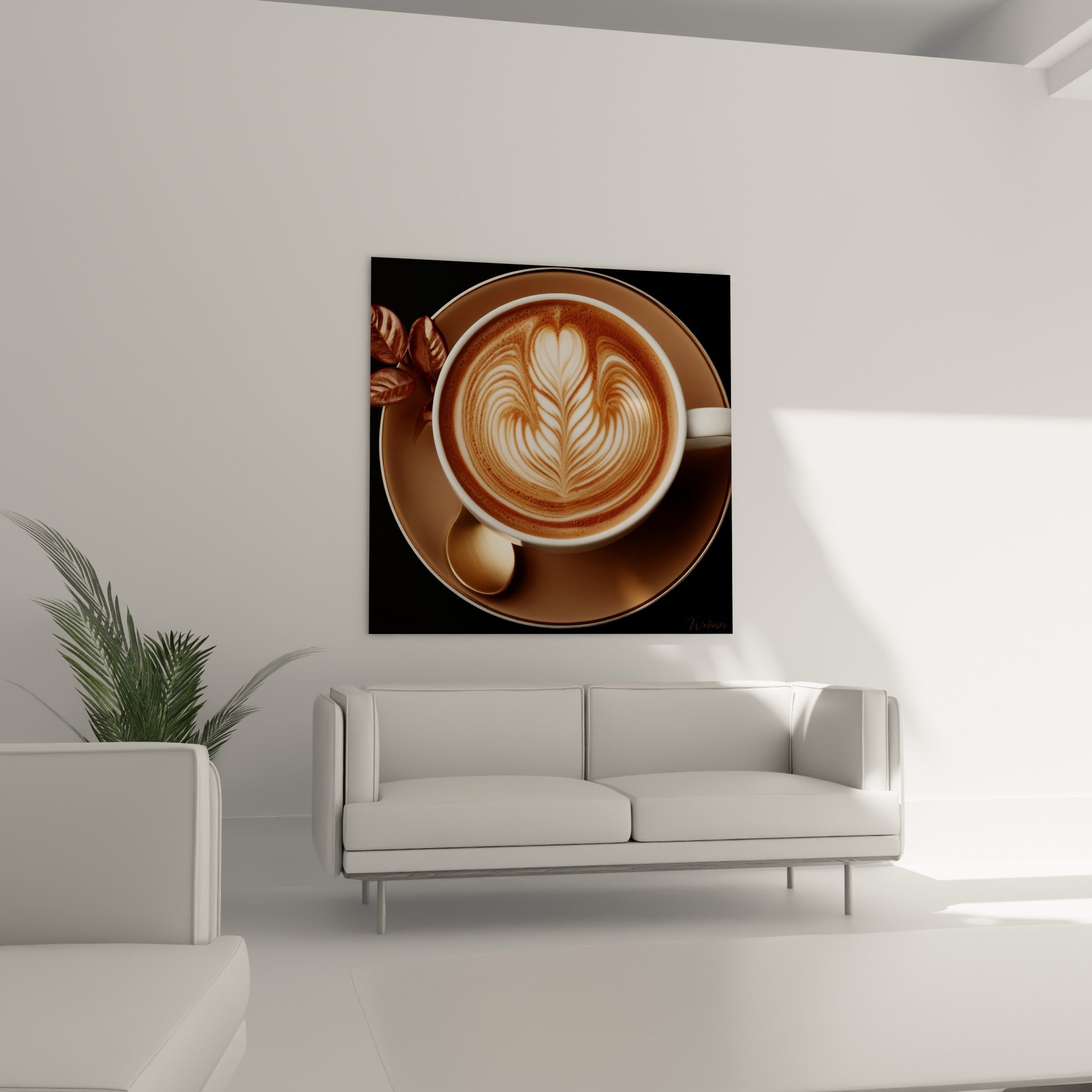 Rosace crème et brune dans une tasse de café, cuillère dorée visible, au-dessus d'un canapé dans un salon lumineux