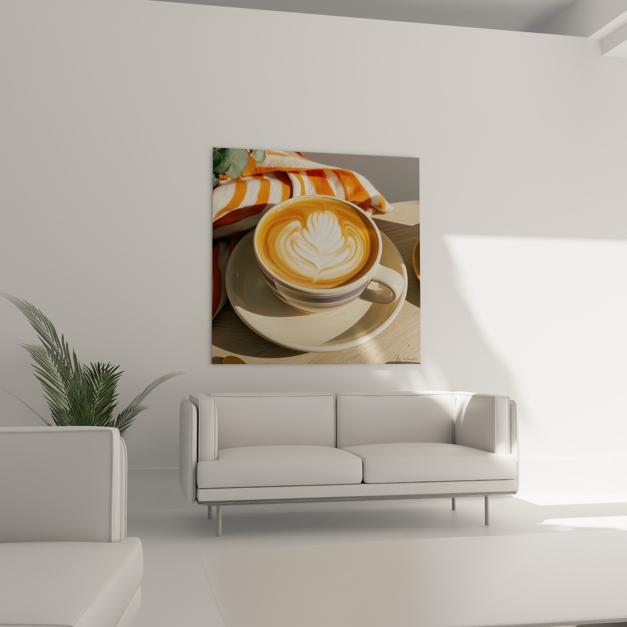 Mousse blanche en fleur sur fond ocre au-dessus d'un canapé dans un salon lumineux