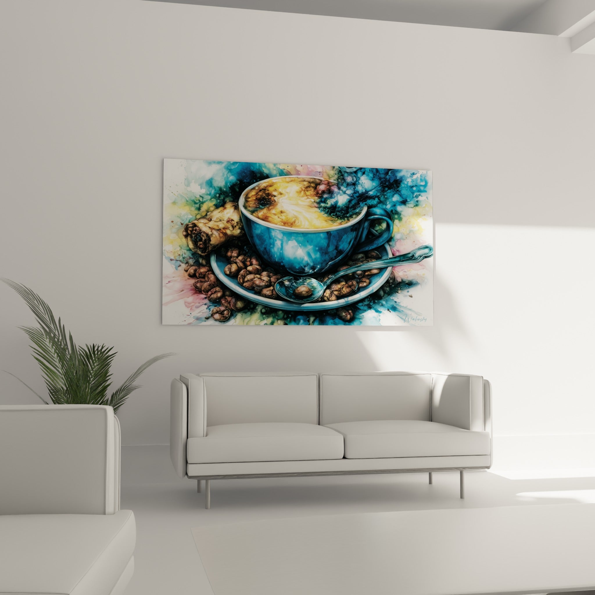 Mousse jaune et ocre tourbillonnant dans une tasse turquoise, accrochée au-dessus d'un canapé dans un salon lumineux