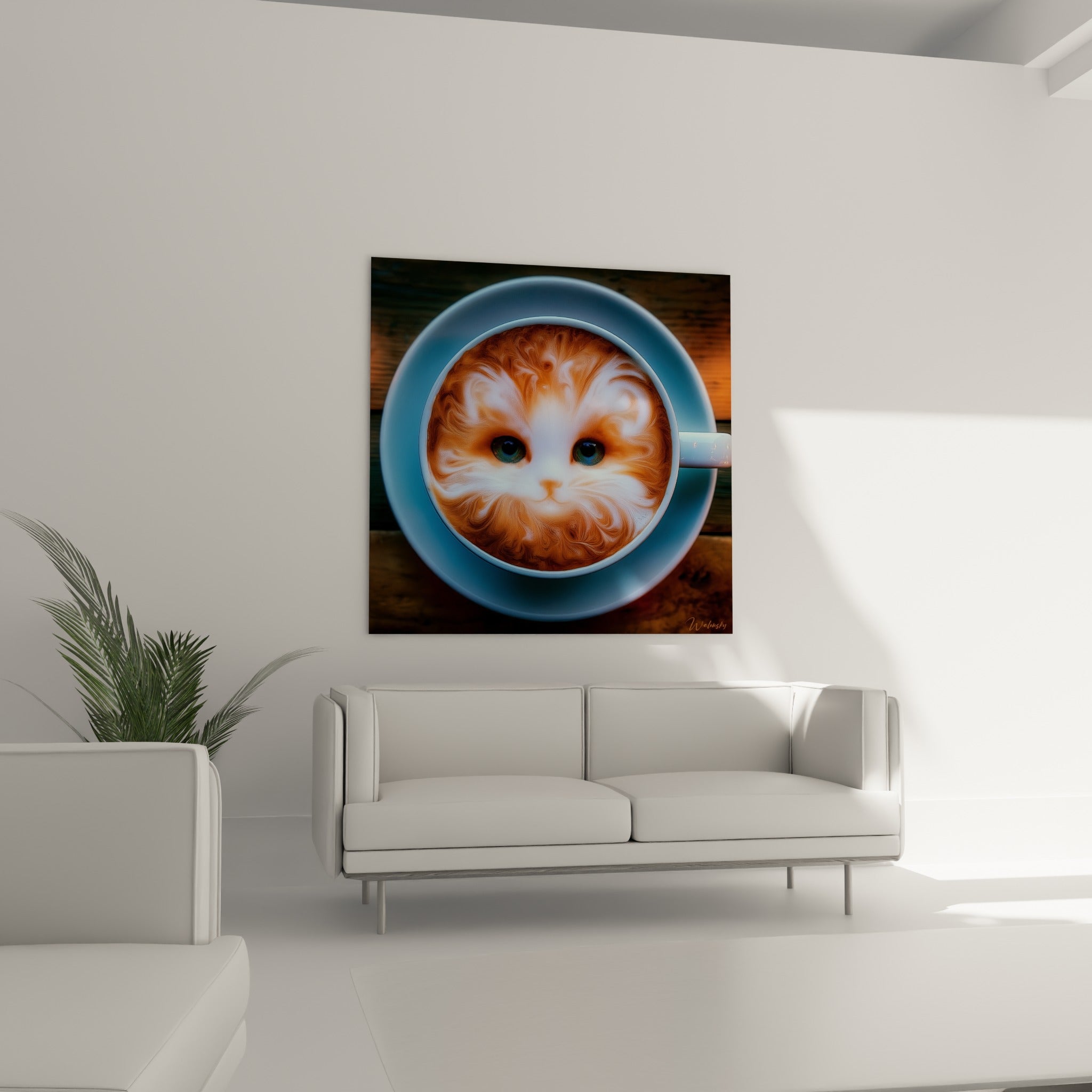 Tasse bleu pastel au motif de chat ambré placée au-dessus d'un canapé dans un salon lumineux