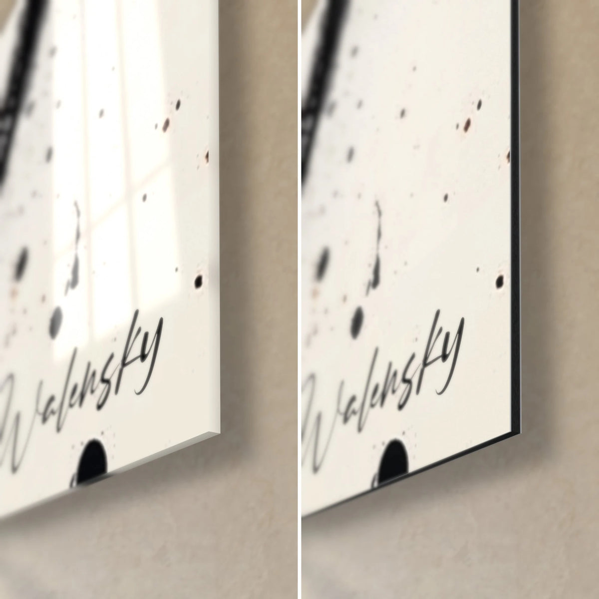 Tableau café noir en peinture fluide, coin bas droit avec signature Walensky, verre brillant à gauche, Dibond noir mat à droite