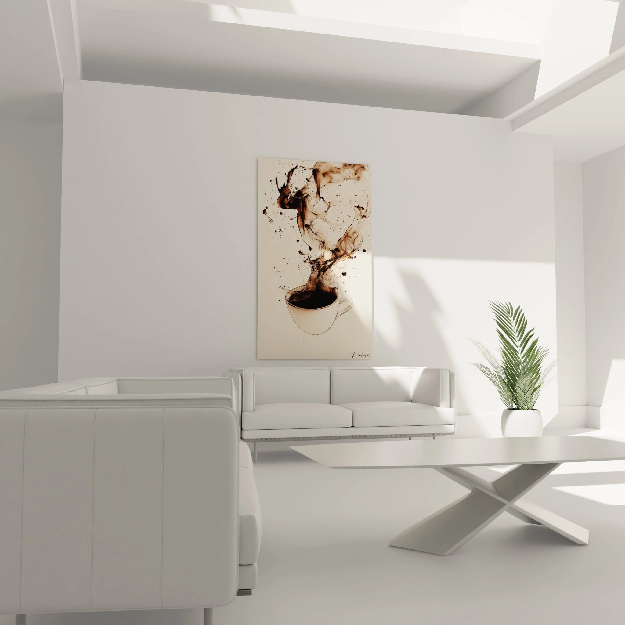 Un tableau café illustrant une tasse remplie de liquide sombre, entourée de volutes brunes et noires qui s’étirent dans l’espace, créant des effets de diffusion et de superposition sur un fond clair.

