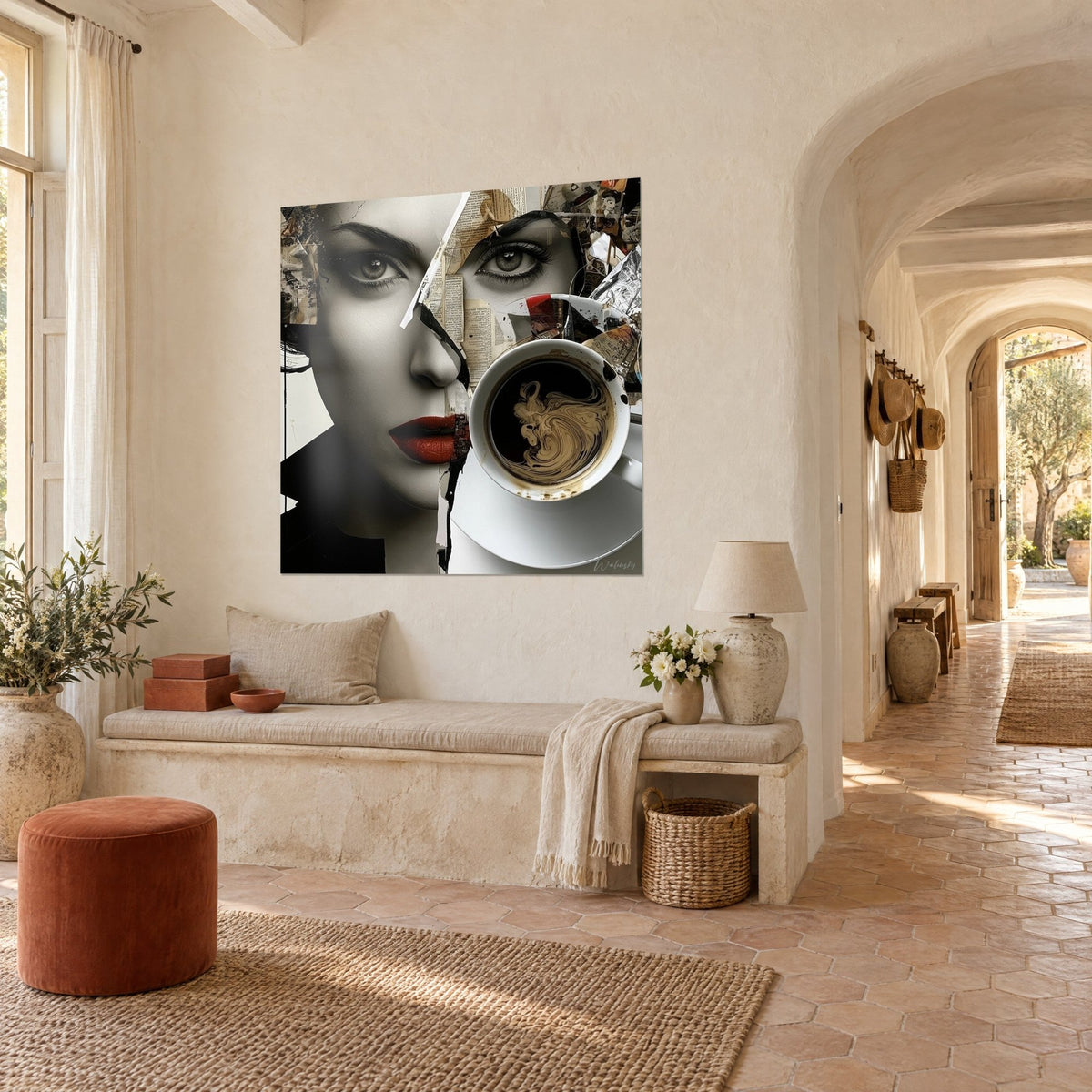 Quadro ritratto frammentato con occhi grigi e labbra rosso mattone, tazza bianca fumante, casale provenzale di tre quarti