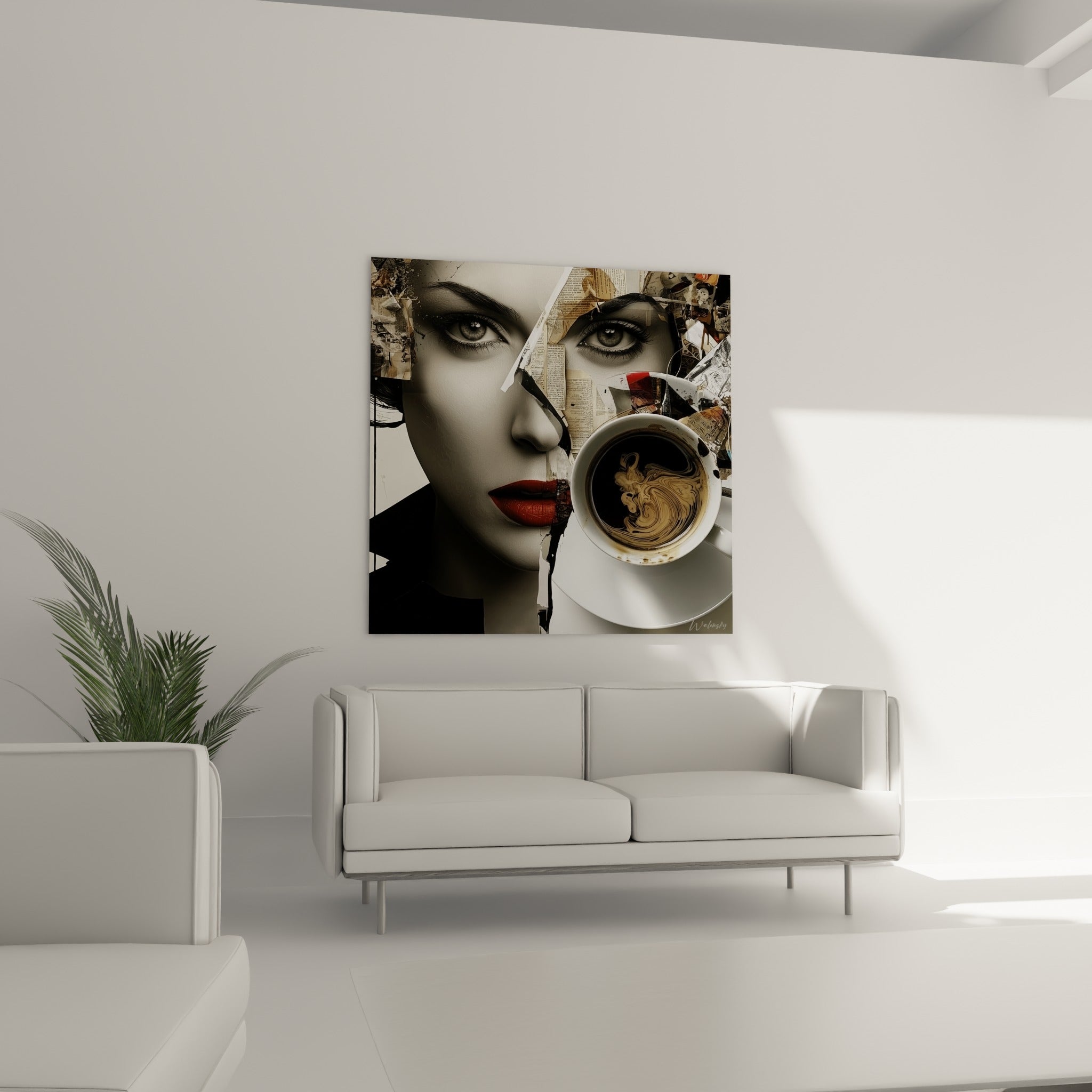 Tasse fumante et regard perçant en noir et blanc au-dessus d'un canapé dans un salon lumineux