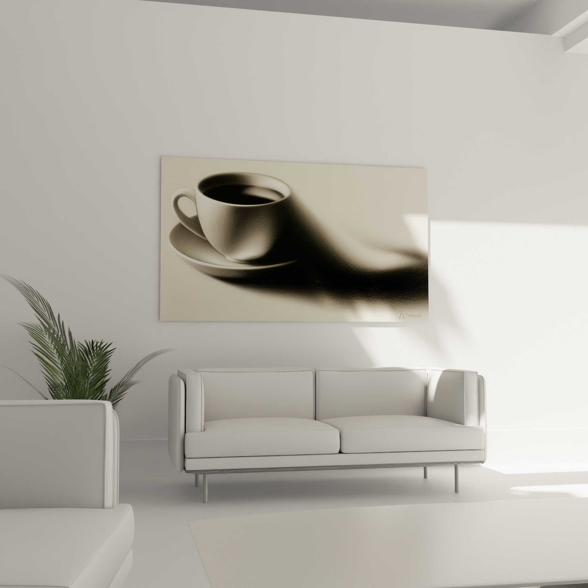 Cette composition noir et blanc d'une tasse et son ombre profonde orne un mur, au-dessus d'un canapé dans un salon lumineux