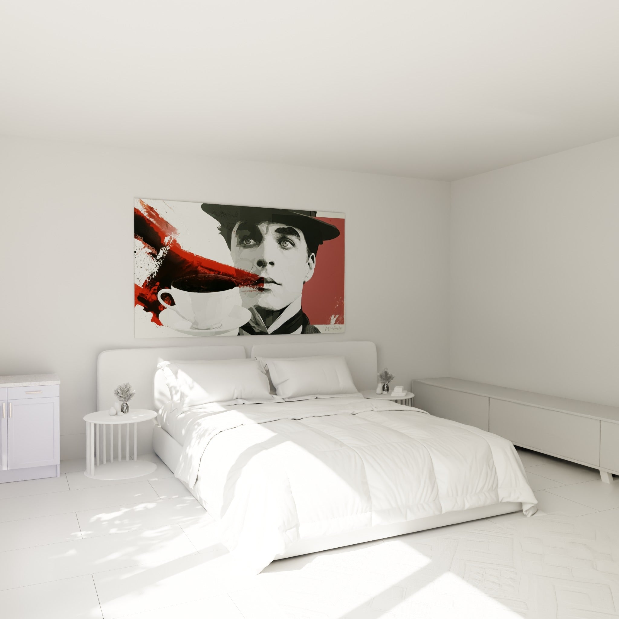 Personnage énigmatique en noir, blanc et rouge intense, tasse de café débordante, au-dessus d'un lit dans une chambre claire