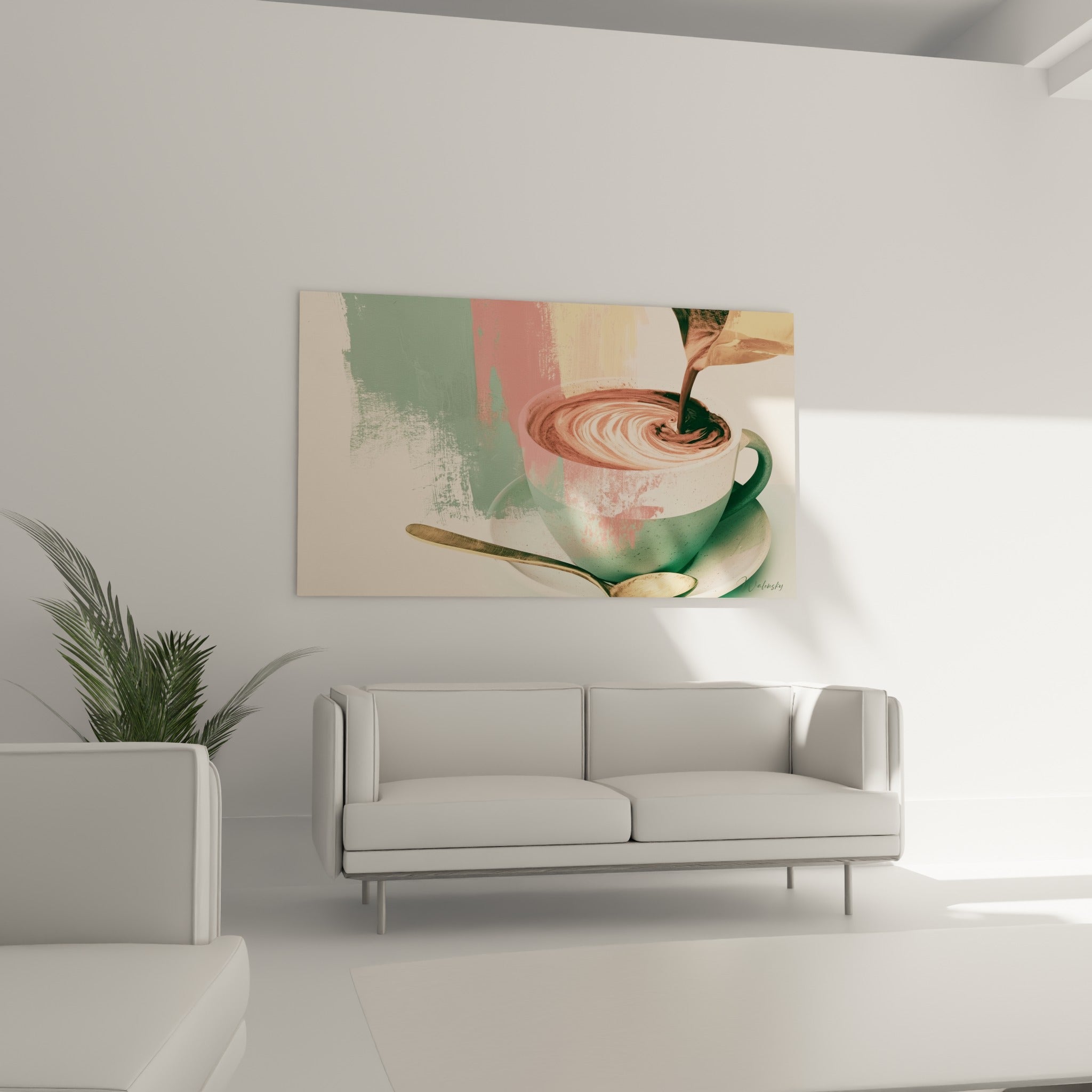 Verseuse dorée déversant un filet de café sur mousse rose et blanche, au-dessus d'un canapé dans un salon lumineux