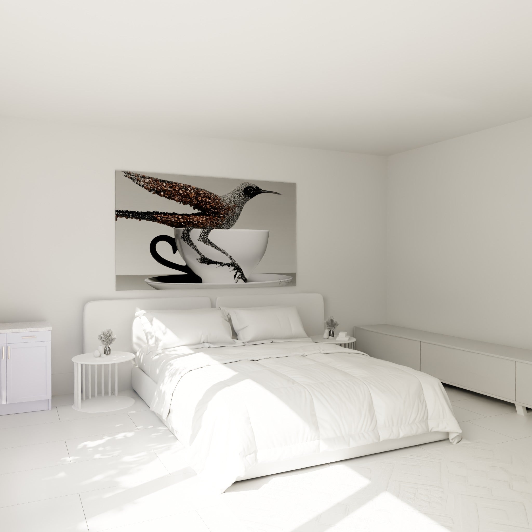 Oiseau en grains de café brun et noir, au-dessus d'un lit dans une chambre claire