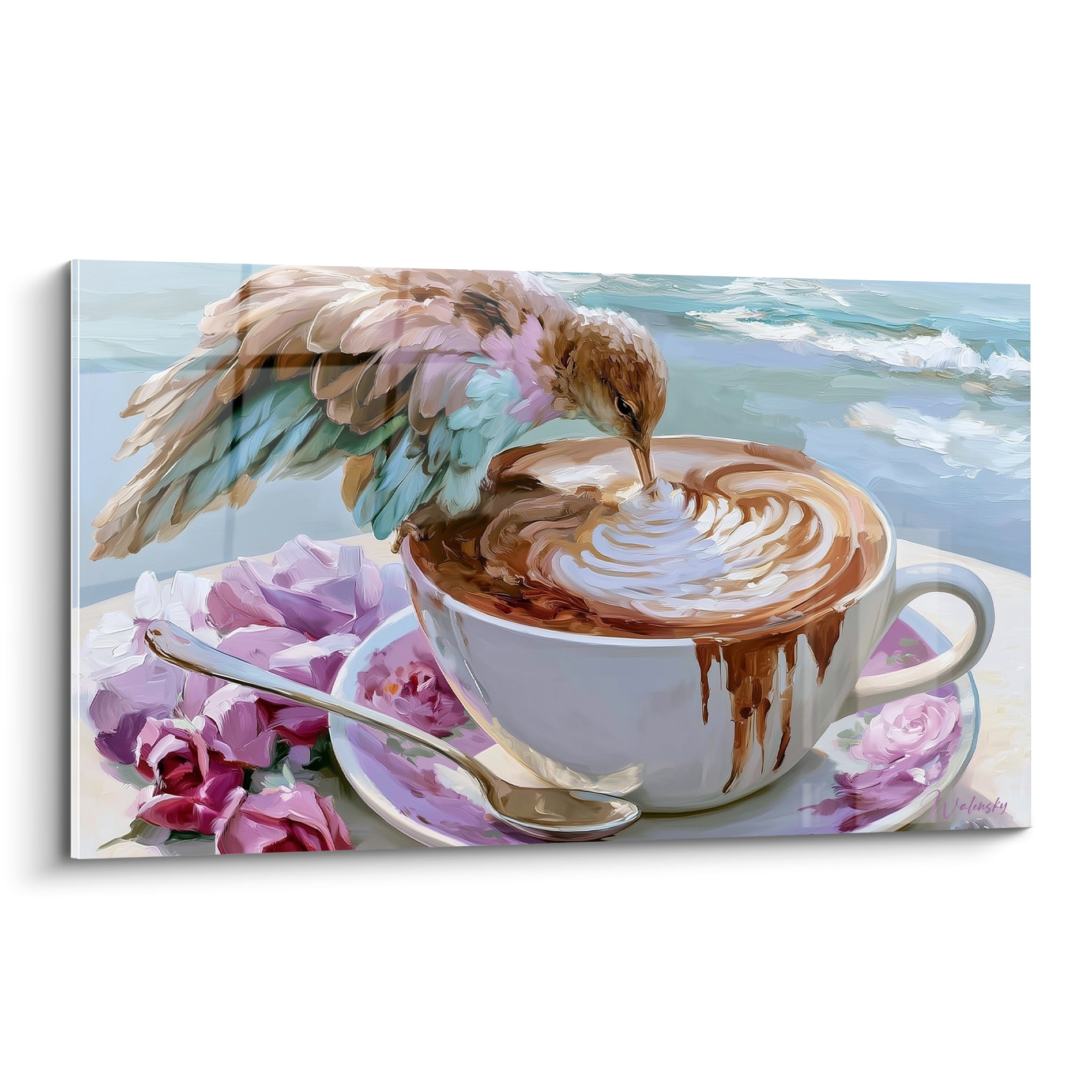 Oiseau beige et rose pastel buvant dans une tasse de café terracotta face à la mer bleue