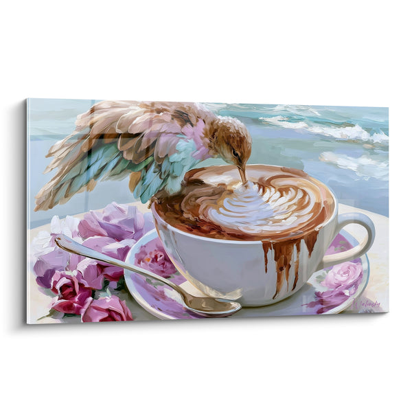 Bird Painting Beige and Pink Drinking a Cappuccino - Gourmet Stopover - Café Edition
