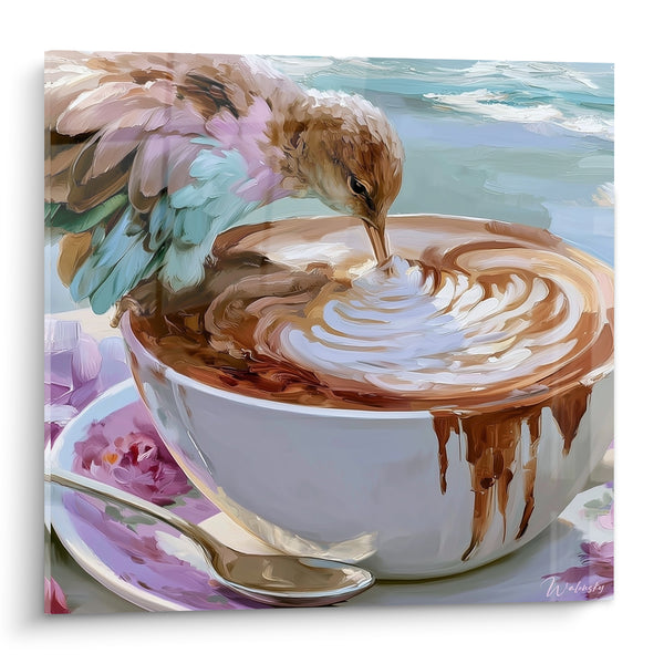 Brown and Pink Bird Painting Dipping Its Beak - Drippings on a Flowered Saucer - Café Edition