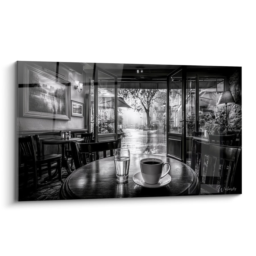 Tableau Café parisien noir et blanc pluvieux - Pause pluvieuse - Edition Café