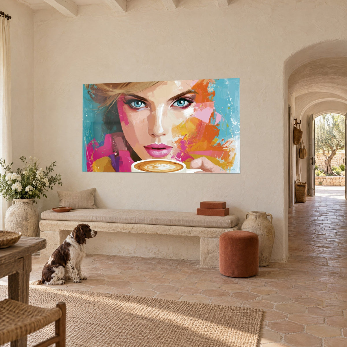 Cuadro rostro de mujer rubia de mirada azur, destellos fucsia y albaricoque sobre fondo turquesa, pared crema de un mas, spaniel sentado