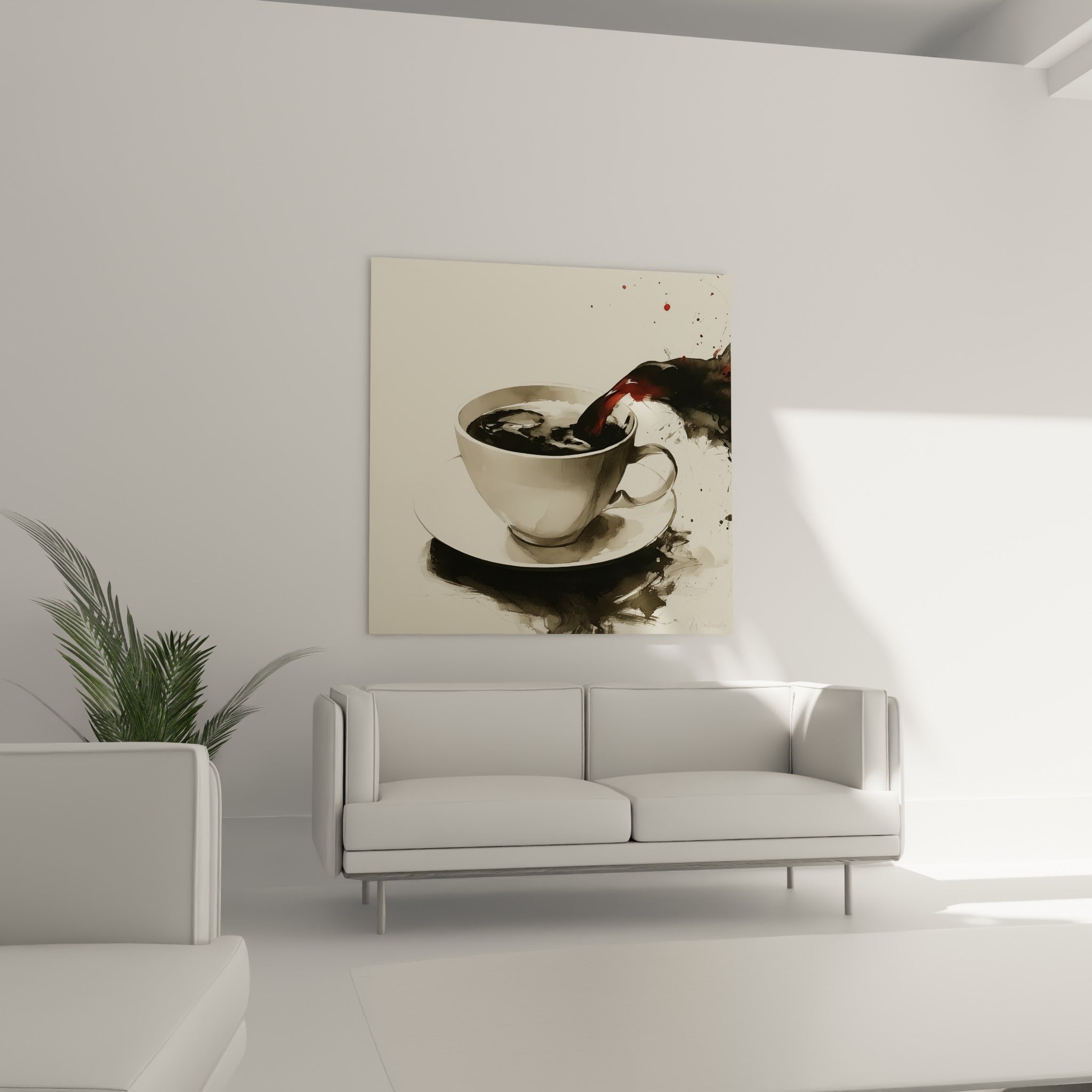 Versement noir intense dans une tasse blanche aux reflets gris, tableau Café au-dessus d'un canapé dans un salon lumineux