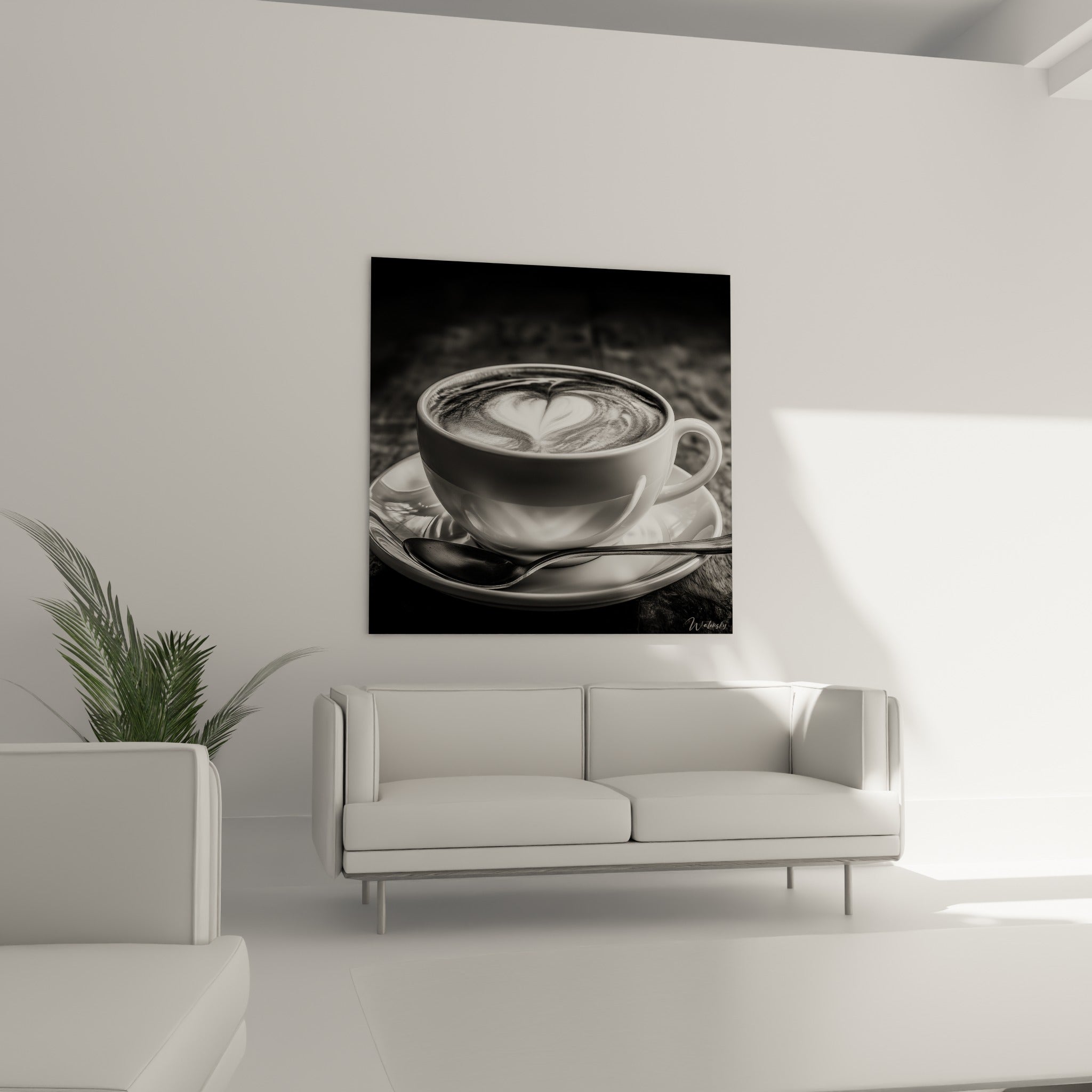 Tasse de café anthracite et blanche avec motif cœur au-dessus d'un canapé dans un salon lumineux